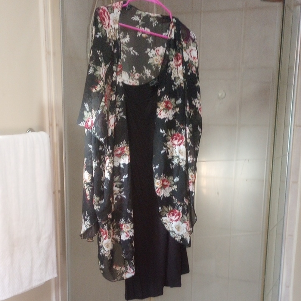 Floral Kimono and Black Dress Set